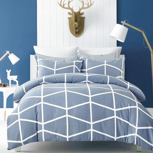 Super king duvet cover set, blue with white square grid, includes pillowcases