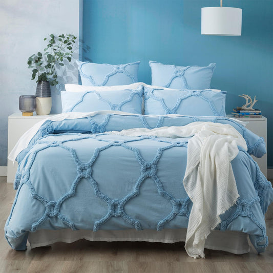 Light blue tufted chenille pillowcase with scalloped lattice trim, European size