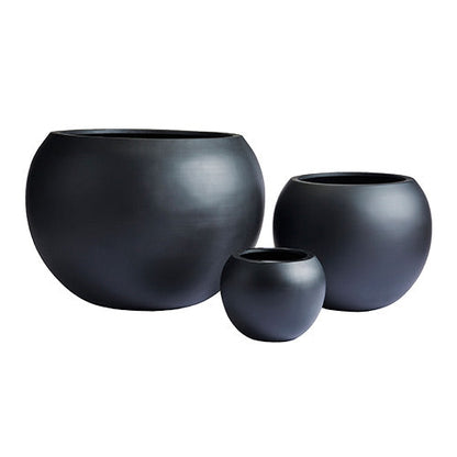 Set of three dark gray round planter pots in large, medium, and small sizes