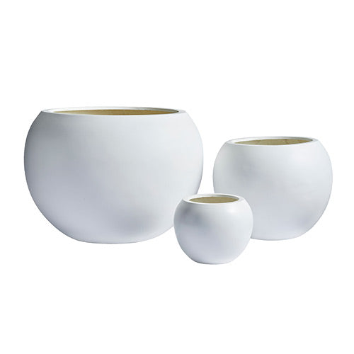 Set of three white round planter pots with light gold interior rims