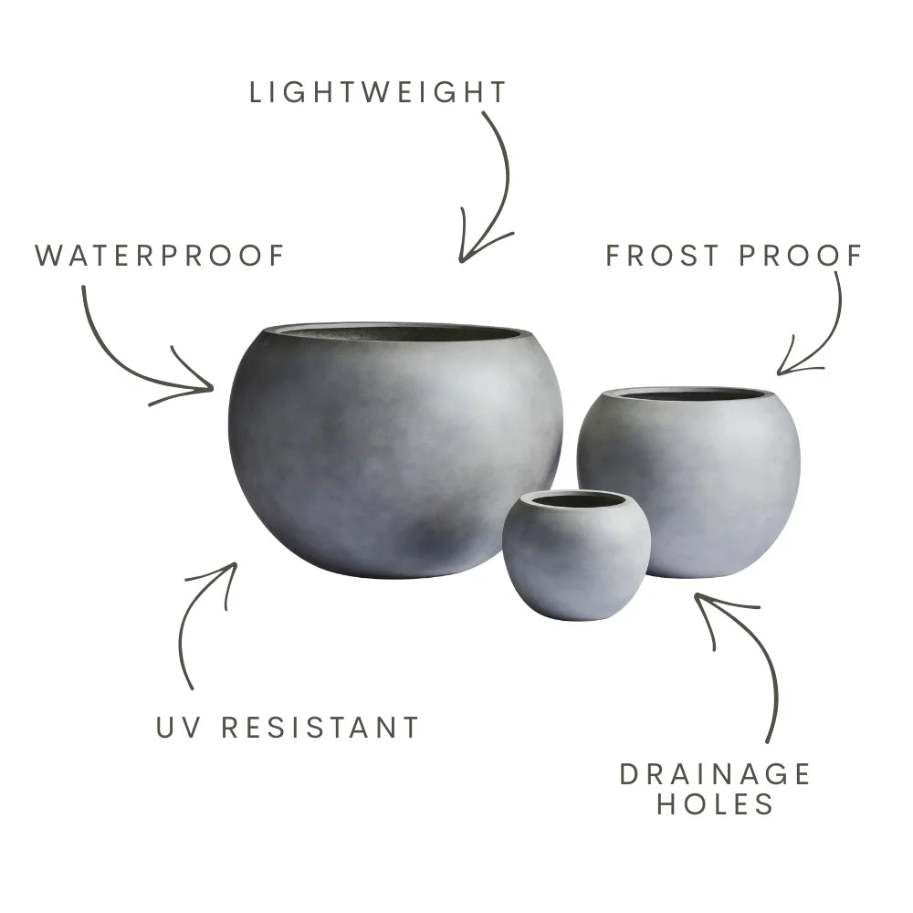 Three gray round planter pots with arrow callouts for key features