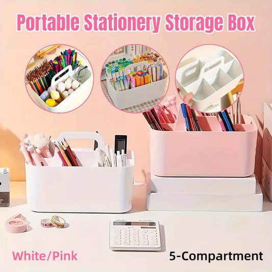 White and pink 5-compartment stationery organizer basket with carry handle
