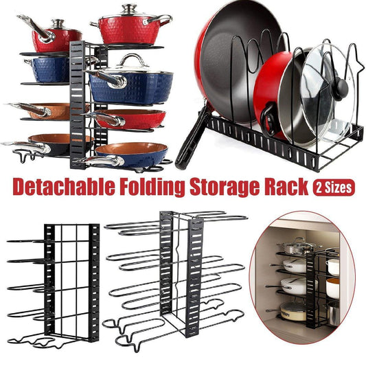 Folding pot lid storage rack with vertical slots and adjustable wire arms, black metal