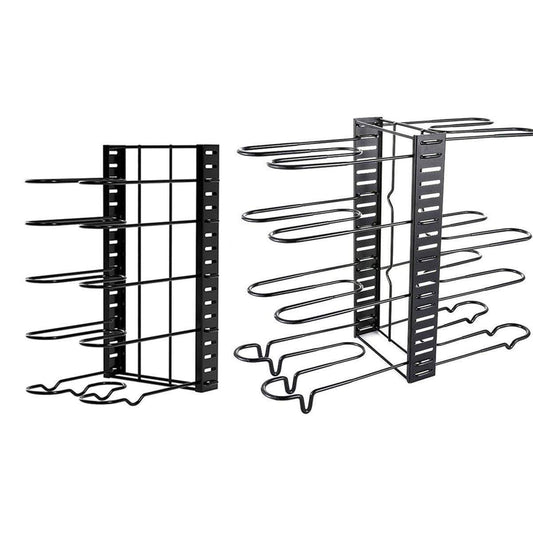 Black vertical pot lid rack with two foldable frames and curved hanging hooks