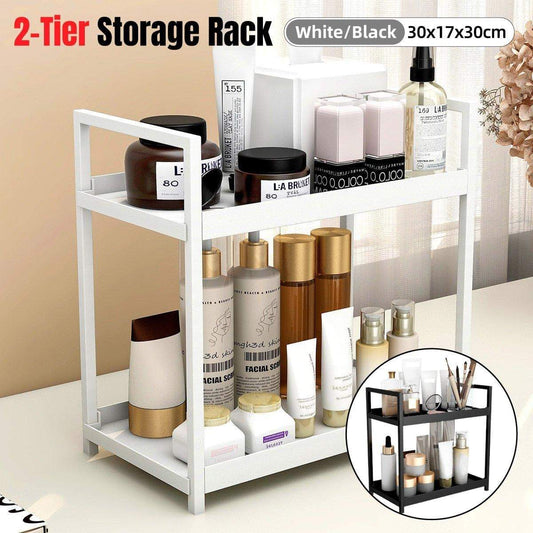 Two-tier desktop cosmetic storage rack with white frame and black shelves