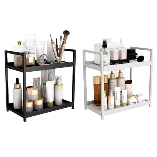Two-tier desktop cosmetic storage rack with black frame, holding toiletries and brushes