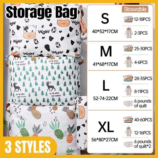 Quilt storage bag set with cartoon cow, tree, and pineapple prints, assorted sizes