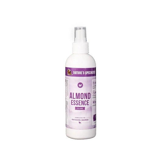 Almond essence cologne bottle with white pump sprayer and purple label