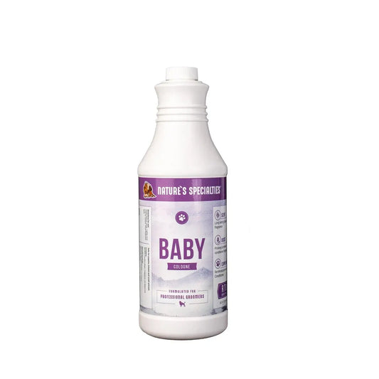 Baby cologne bottle with purple “BABY” label on white bottle, pump top.