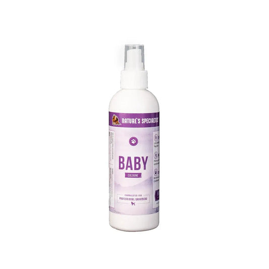 Baby cologne spray bottle with purple “BABY” label and white pump, white bottle.
