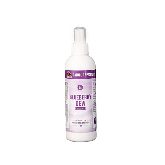 Blueberry Dew cologne bottle with white pump sprayer and purple label