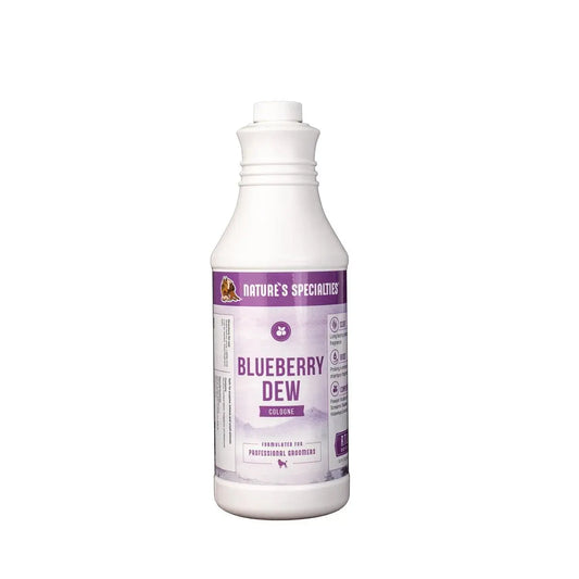 Blueberry Dew cologne bottle with white cap and purple label, front view
