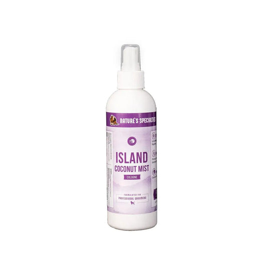 Island Coconut Mist cologne bottle with white pump, purple label on front