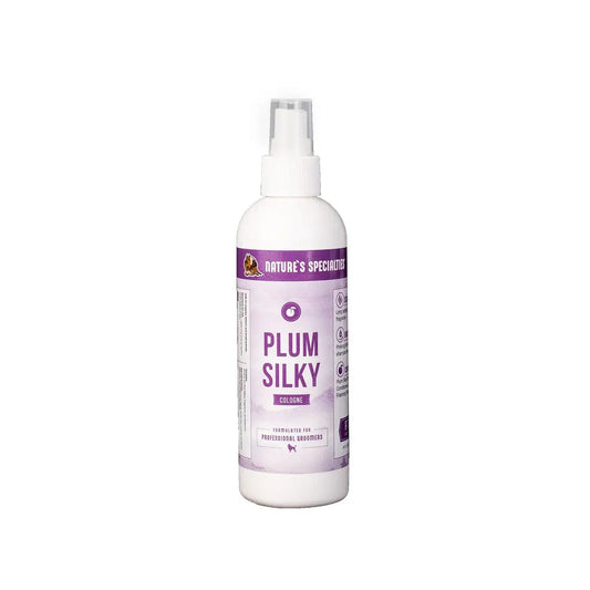 Nature's Specialties Plum Silky cologne spray bottle, white with purple label