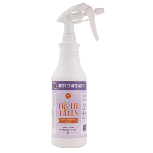 White spray cologne bottle with trigger nozzle and Mango Margarita label, front.