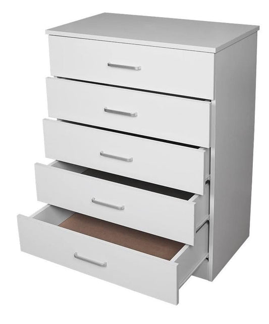 White five-drawer chest with metal bar handles and open drawer showing interior.