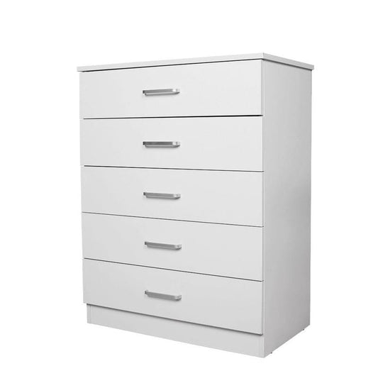 White five-drawer chest with four visible drawers and metal bar handles.