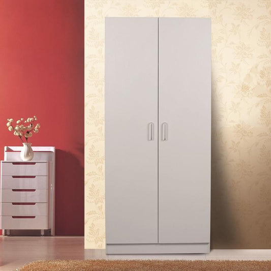 White two-door hanging wardrobe with central seam and two handles