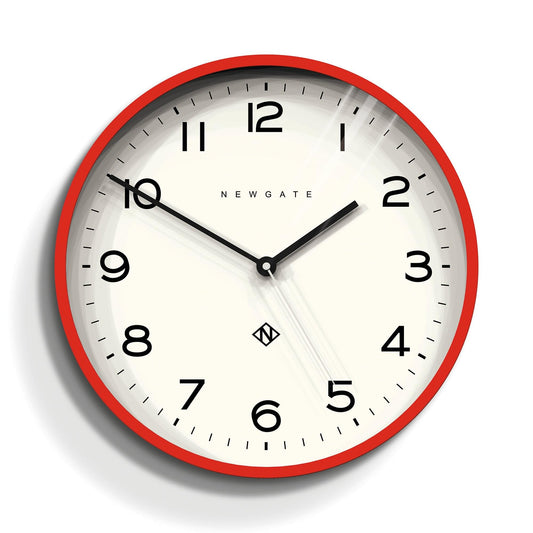 Red wall clock with cream face, black hands and hour markers, Newgate logo