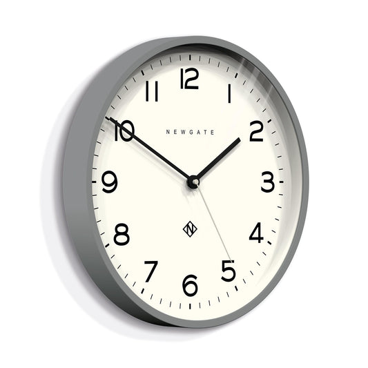 Grey round wall clock with white face, black hour markers and hands