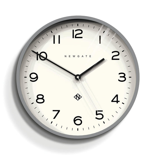 Grey wall echo clock with white dial, black numbers and hands