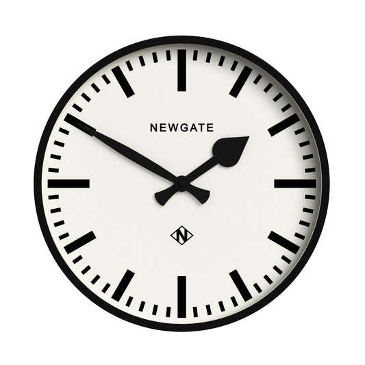 Black-framed wall clock with white face, black hands, Newgate logo and markers.