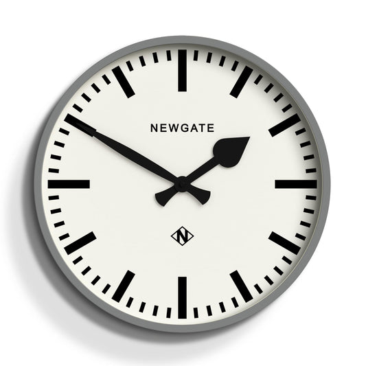 Grey round railway wall clock with white dial, black hands, and minute markers