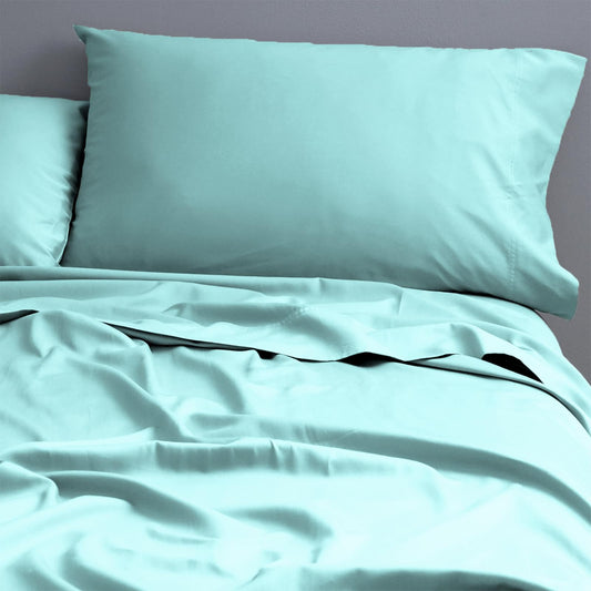 Turquoise cotton sheet set with matching pillowcase, smooth wrinkle-free weave