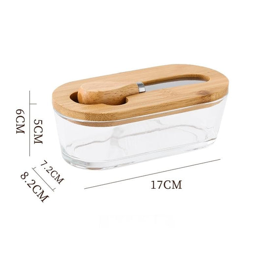 Rectangular glass butter dish with natural wooden lid and handle slot, 17cm