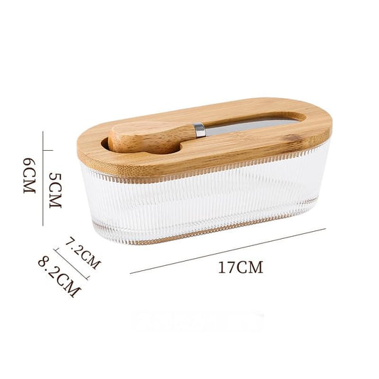 Glass butter dish with wooden lid and spreader; 17x7.2x5cm
