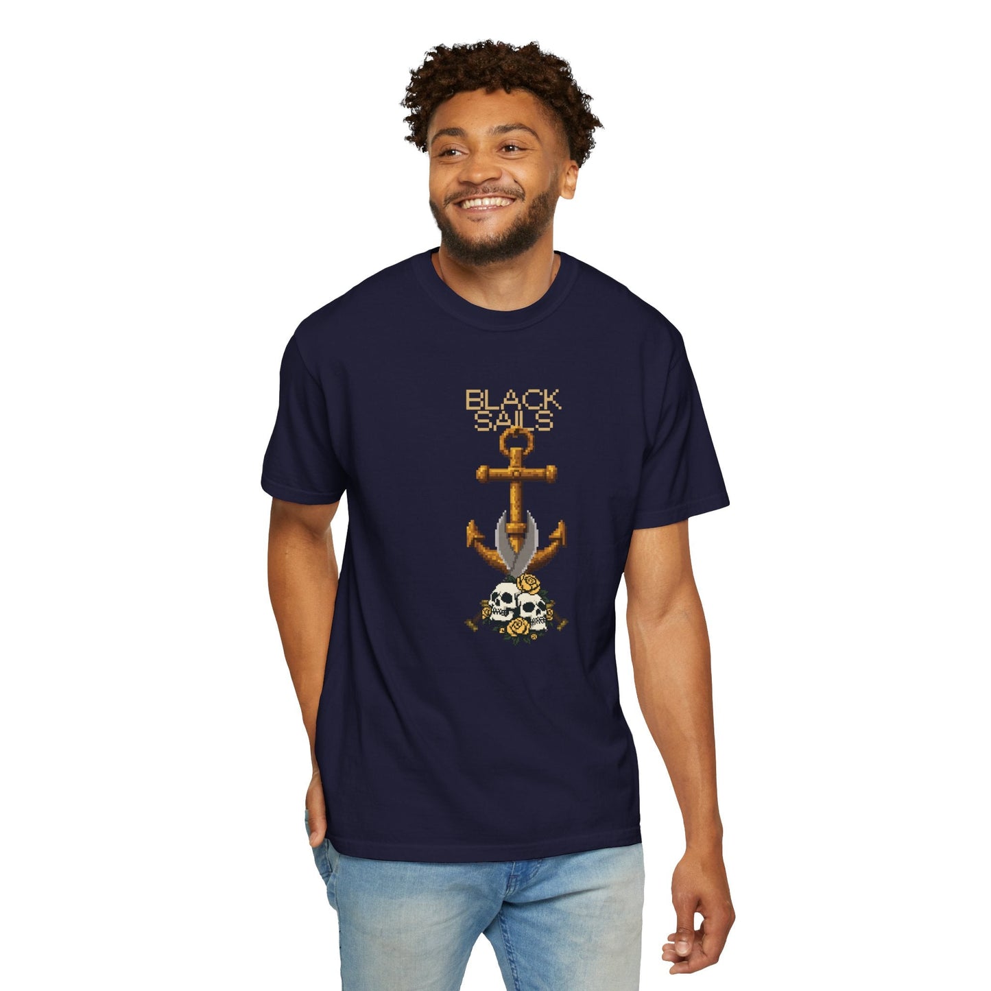 Anchor Skull Pixel Art Graphic Tee - Nautical Skull Printed Unisex T-Shirt | Comfort Colors 1717 Designed By Aprasi