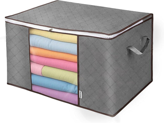 Gray non-woven clothes storage bag with clear window and zipper, side handle, 90L