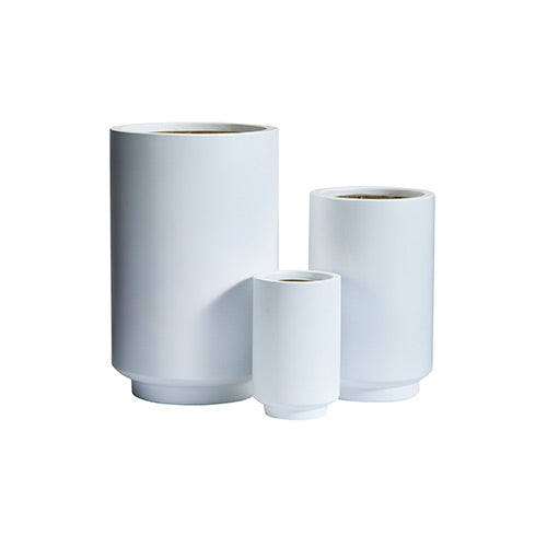 Light gray cylindrical planter set with three pots in matching sizes and open tops.