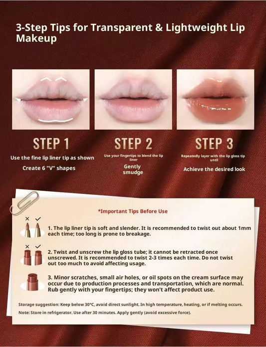 Lip liner and lip balm application steps shown on lips with blended shade examples