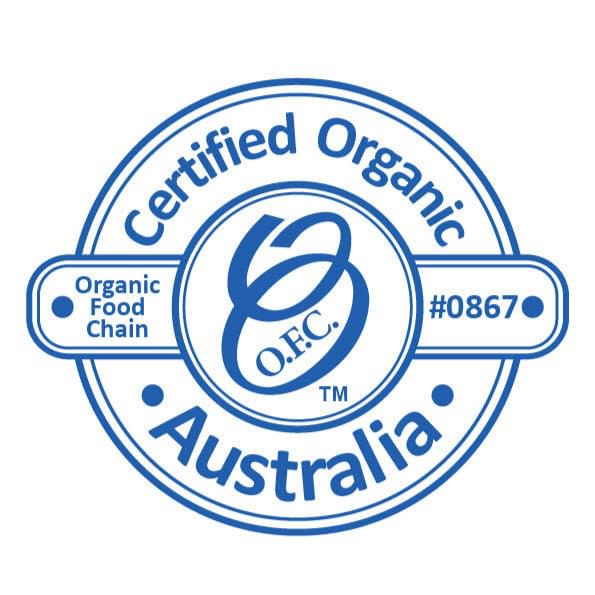 Certified Organic Australia O.F.C. stamp with #08670 for raw cacao