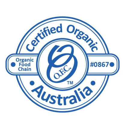 Certified Organic Australia O.F.C. stamp with #08670 for raw cacao