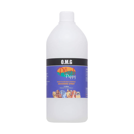 Pet grooming spray bottle, white with blue label and white screw cap