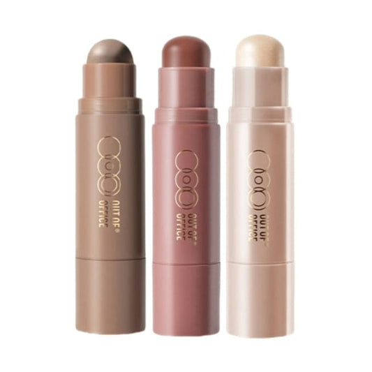 Set of three makeup sticks: warm brown, rose pink, and pale beige with clear caps