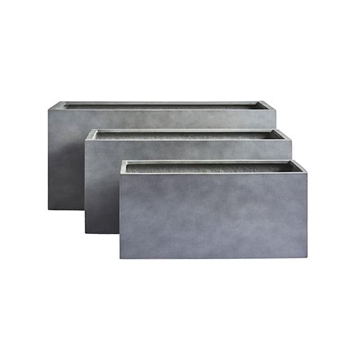 Set of three rectangular planters in medium gray with recessed handles on front.