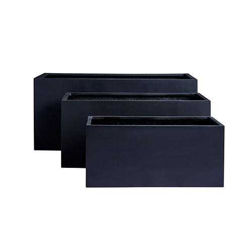 Set of three rectangular planters in dark charcoal with recessed top trays and handles.
