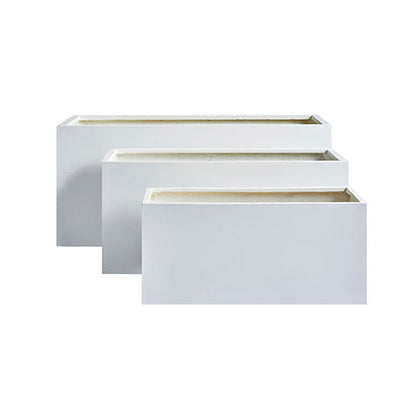 Set of three rectangular planters in bright white with recessed top trays and front handles.