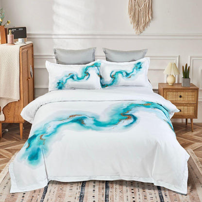Queen quilt cover set with white base, teal marble swirls, and matching pillow shams