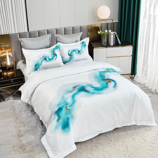 Ocean marble quilt cover set, white bedding with teal swirls on pillow and duvet, super king