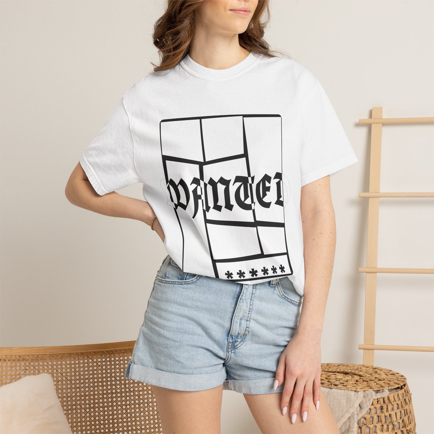 Wanted Graphic Tee Window Grid Design with wanted printed Tees