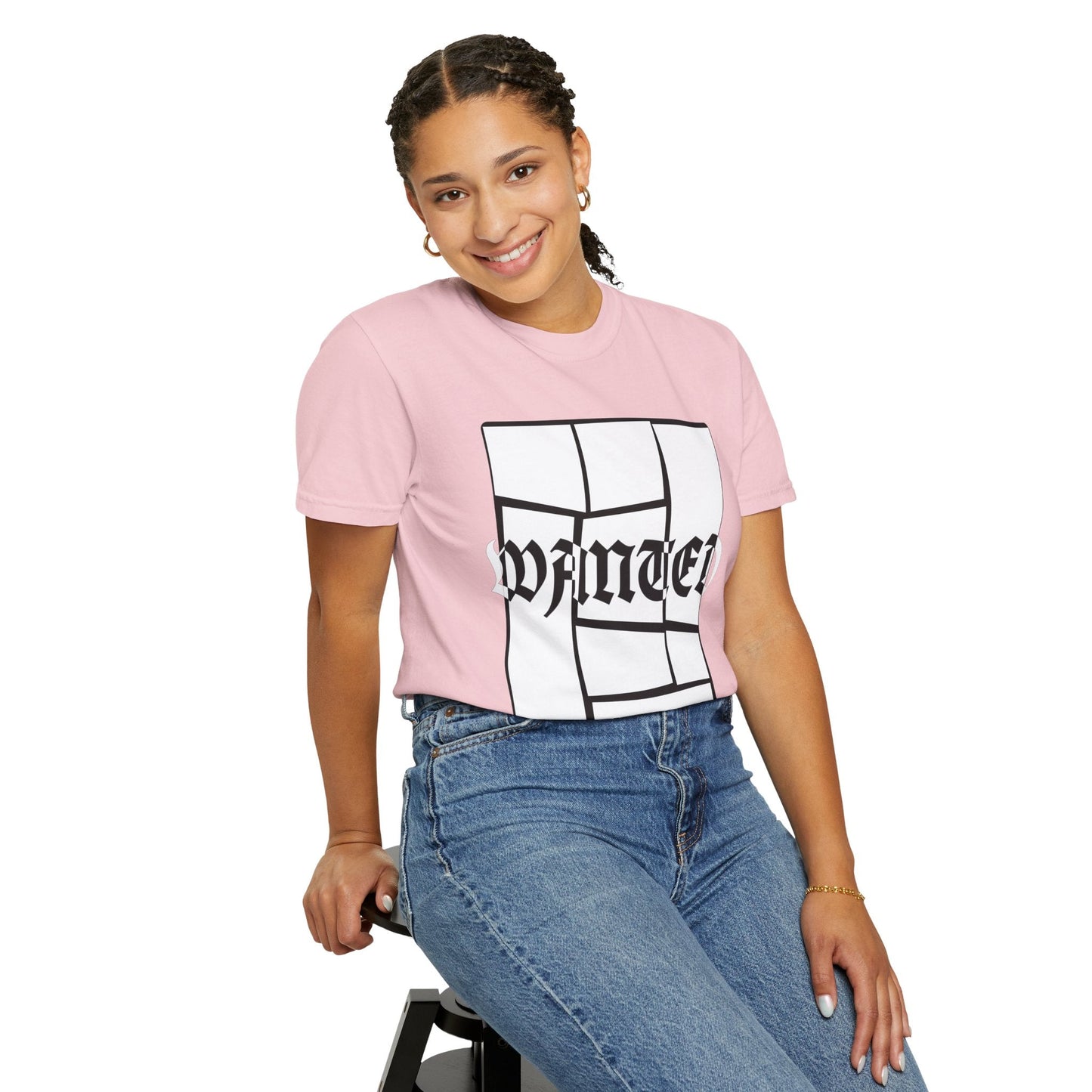 Wanted Graphic Tee Window Grid Design with wanted printed Tees