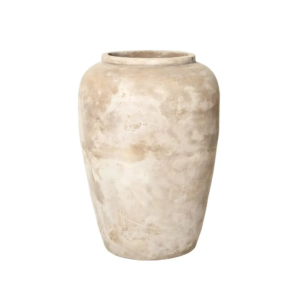 Light beige speckled olive jar with wide shoulders, short neck, open rim