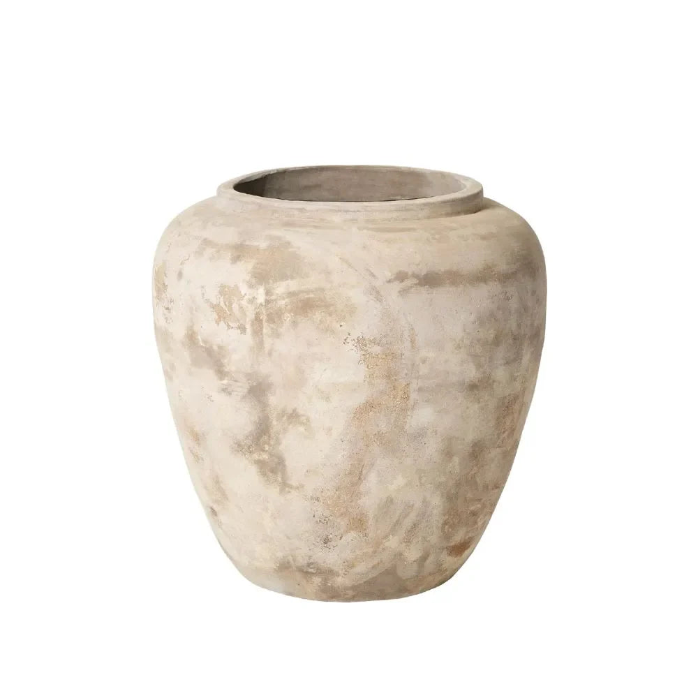 Cream mottled olive jar with rounded belly and open top rim