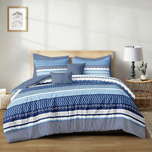Blue and white striped and geometric bedding set with two pillow shams