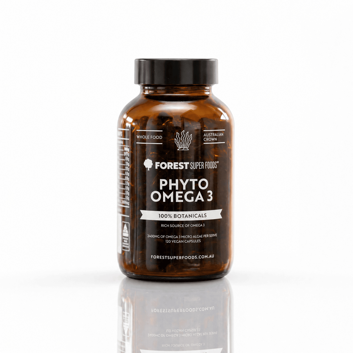 Omega-3 supplement bottle with black cap, amber glass and front label