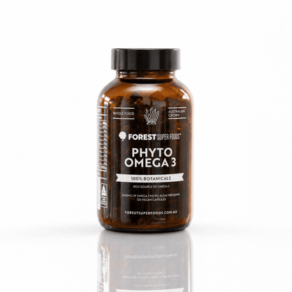 Omega-3 supplement bottle with black cap, amber glass and front label